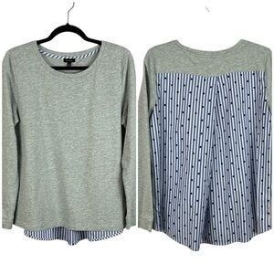 Talbots Cotton Mix Media Striped Polka Dot Long Sleeve Top Medium Grey Blue